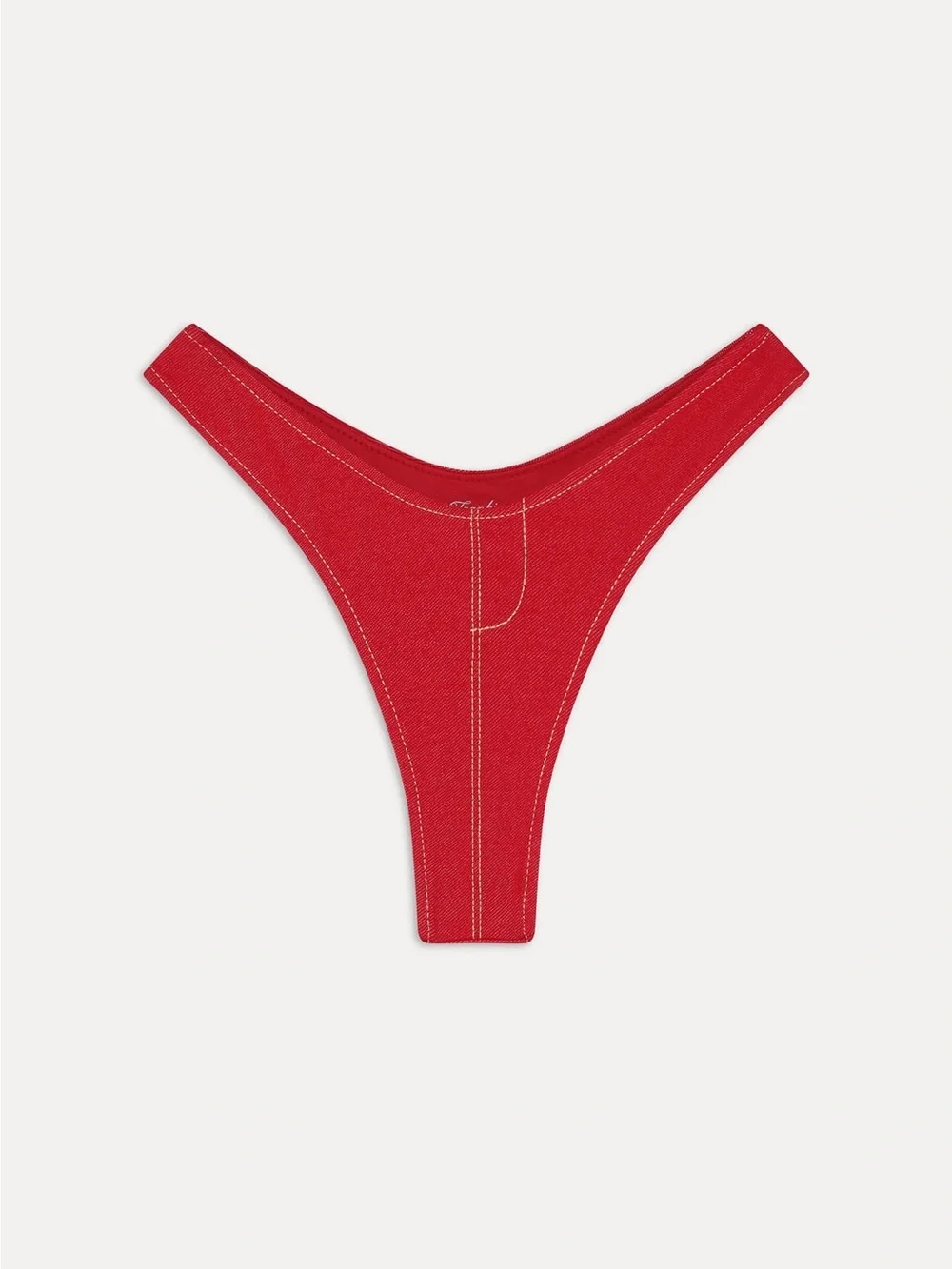 Frankie’s Bikinis Red Denim Bikini SET Sexy Full Moon Paradise Halter Large